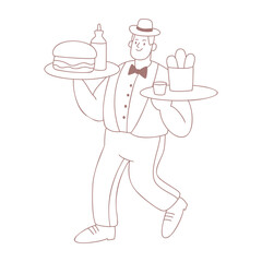 A waiter with two trays of food is in a hurry to serve the customers of a cafe. The waiter is wearing a hat and a bow tie. 