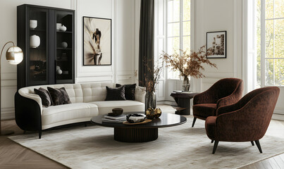 Beautiful and Stylish Living Room with Nordic-Inspired Decor and Sunlit Ambience 3D Render