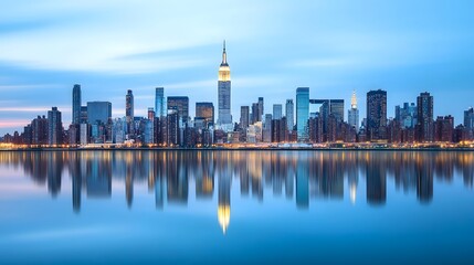 45. New York City is skyline at dusk, tall buildings aglow and reflected in the smooth waters of the river, creating a serene scene