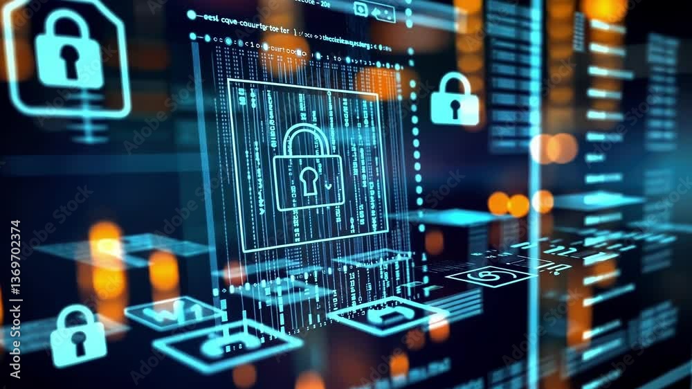 Poster glowing digital padlock representing data protection amidst flowing binary code, emphasizing cyber s