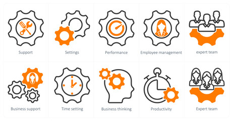 A set of 10 business icons as support, settings, performance, employee management