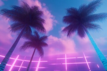 Summertime, retro, grid: Neon grid landscape with a retro 80s summer sunset, palm trees, and a glowing synthwave aesthetic.