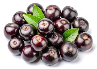 A Pile of Fresh Acai Berries with Green Leaves on White Background