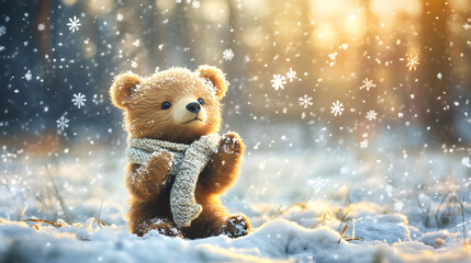 A cute teddy bear in a snowy landscape, evoking warmth and nostalgia.