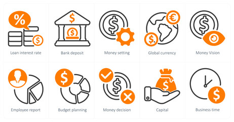 A set of 10 business icons as loan interest rate, bank deposit, money setting