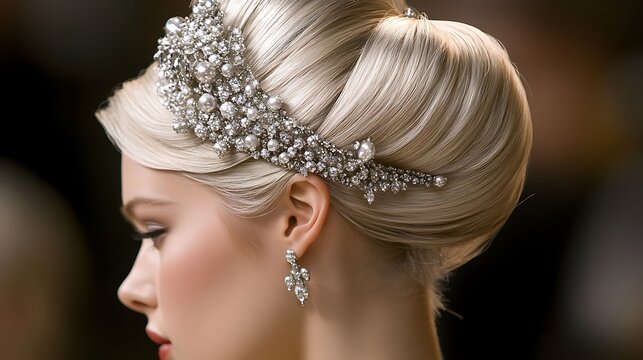 High-fashion royal bun featuring sleek platinum-blonde strands and diamond embellishments 