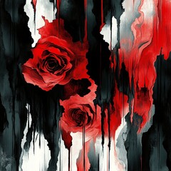 Gothic Red Rose Charcoal Watercolor Illustration – Dark Baroque Floral Art with Grunge Texture and Dripping Ink Aesthetic