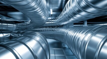 Metallic ductwork creates a complex network in a commercial building's ventilation system during construction or maintenance phases