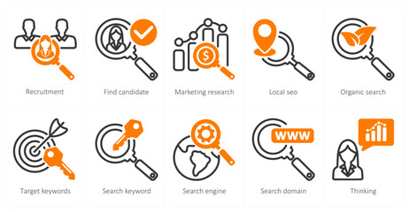A set of 5 business and seo icons as recruitment, find candidate, marketing research