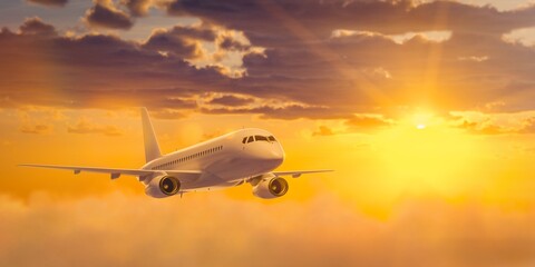 White passenger airplane is flying in the sky with multicolored clouds at sunset. 3D rendering illustration.