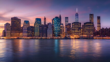 Fototapeta premium 51. Panoramic image of Manhattan is illuminated skyline at dusk, skyscrapers glowing with reflections of city lights on the river