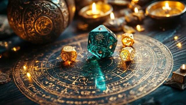 Mystic dice set on ancient chart.  Glowing candles illuminate intricate details