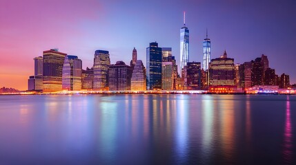 Obraz premium 52. Evening view of Manhattan is skyline, the bright city lights and calm water creating a stunning urban panorama at dusk