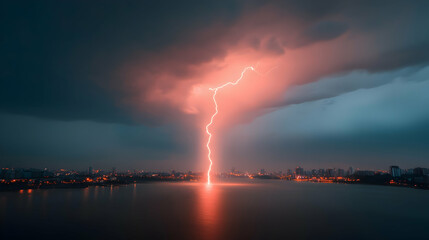 Dramatic Nightscape of Lightning Striking a City River
