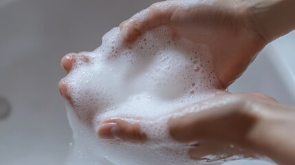 Soapy hands being washed, emphasizing hygiene and cleanliness. Capturing a moment of personal care and health, perfect for conveying messages about sanitation.