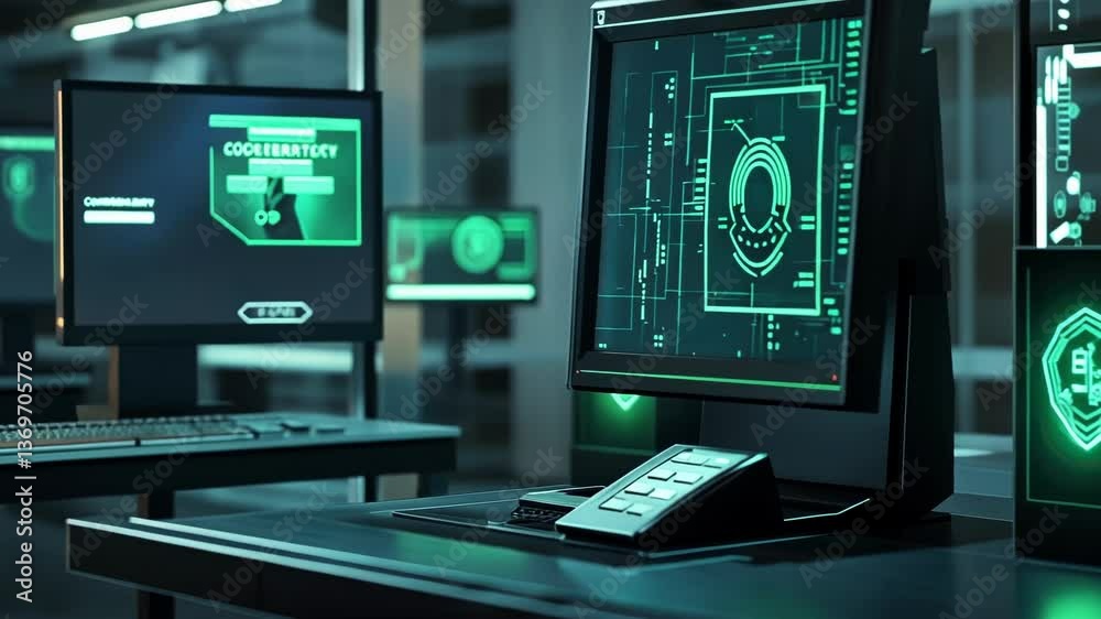 Poster futuristic cyber security user interface displaying real time data analysis and protection status on