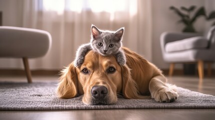 A Golden Retriever rests peacefully as a gray kitten perches on its head, inside of house with a bright lighting.