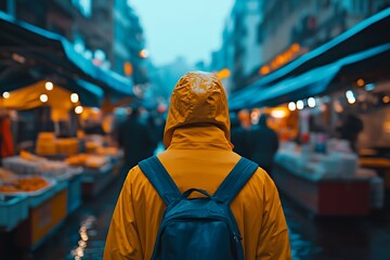 Obraz premium Rainy City Market Scene: Person in Yellow Jacket