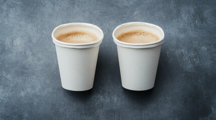 Two disposable coffee cups on a gray textured surface