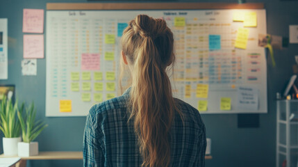 In a cozy office, a woman organizes her social media content calendar while standing in front of a large wall covered in sticky notes and a detailed schedule, focusing on her planning.