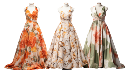 Three floral dresses on mannequins