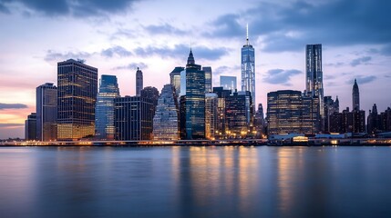 Obraz premium 57. Panoramic view of the Manhattan skyline at dusk, featuring skyscrapers lit up with a soft glow and calm waters beneath