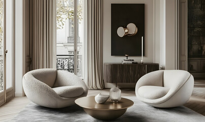 Contemporary Interior Design with Elegant Scandinavian Furniture and Large Windows 3D Illustration