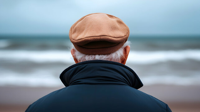 Elderly Man Contemplating Ocean Waves on a Cloudy Beach