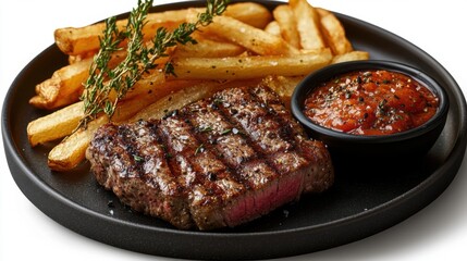 Top View of Steak Frites on Dark Platter Isolated on Transparent Background