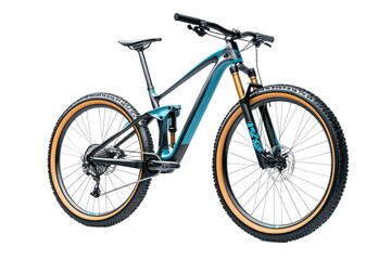 Fototapeta premium A red and black mountain bike with a white frame, isolated, featuring a visible chain, gear, wheel, seat, pedal, and brake for cycling sports