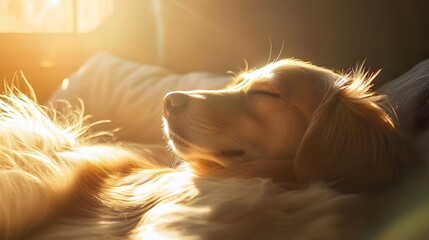 A dog laying peacefully in a sunbeam, with a soft breeze blowing through its fur