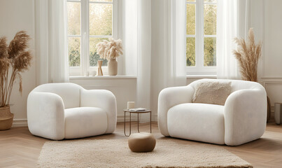 Modern Interior Stylish Living Space with Beige Tones Wooden Furniture and Plaster Walls 3D Rendering