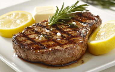 Grilled Steak with Rosemary, Butter, and Lemon on a White Plate, Close-up