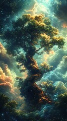 Fototapeta premium Majestic Swirling Tree Against Vibrant Cosmic Sky with Colorful Clouds