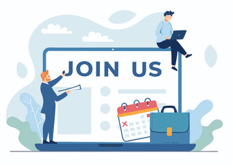 Join Us! Engaging Illustration of a Person Pointing at a Bold 'Join Us' Message, Invitation and Call to Action Concept
