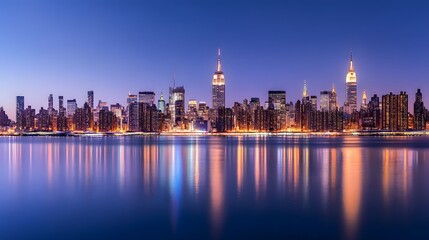 Fototapeta premium 62. Panoramic evening shot of Manhattan is skyline, with bright lights illuminating the buildings and reflecting in the calm river