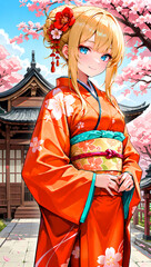 着物と桜と美少女　Kimono, cherry blossoms and beautiful girl
