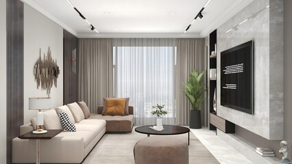 Modern living room interior with stylish sofa, coffee table, TV, curtains, and decorative elements