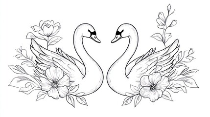 Obraz premium Two Swans Embrace, Floral Frame, Romantic, Wedding Invitation