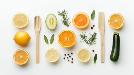 Flat lay of citrus fruits, herbs, and vegetables arranged on a white background with wooden utensils