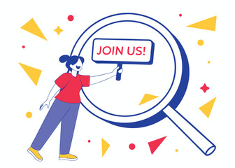 Join Us! Engaging Illustration of a Person Pointing at a Bold 'Join Us' Message, Invitation and Call to Action Concept
