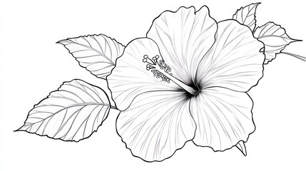 Hibiscus flower line art, tropical leaves, white background, design element