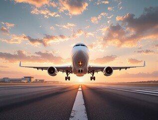 Commercial airplane lifts off runway at sunrise with dramatic clouds and airport in background, symbolizing modern air transport and travel design. Ai generative