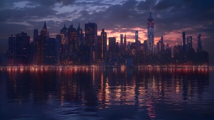 Obraz premium 63. Manhattan skyline at dusk, with towering illuminated buildings, glowing lights, and calm water reflecting the city