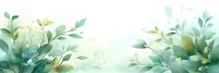 Elegant Pastel Turquoise Watercolor Background, Intricate Leaf Drawings, Minimalist, Bright Light