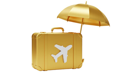 Isolated Golden Suitcase with Airplane Symbol Under Umbrella