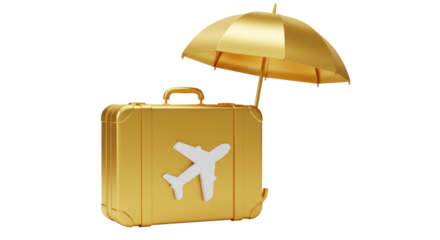 Isolated Golden Suitcase with Airplane Symbol Under Umbrella