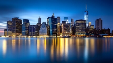 Fototapeta premium 66. Stunning panoramic dusk view of Manhattan, tall illuminated skyscrapers with reflections in the river and the twilight sky