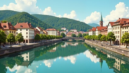 Obraz premium Historic River Walk in Switzerland Bern showcases serene riverside stroll, vibrant landscape. Concept of Historic River Walk in Switzerland Bern emphasizes tranquility and scenic beauty.