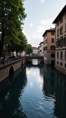 Fototapeta premium Historic River Walk in Switzerland Bern showcases beautiful architecture along calm water. Concept of Historic River Walk in Switzerland Bern emphasizes serene landscape, reflecting tranquility.